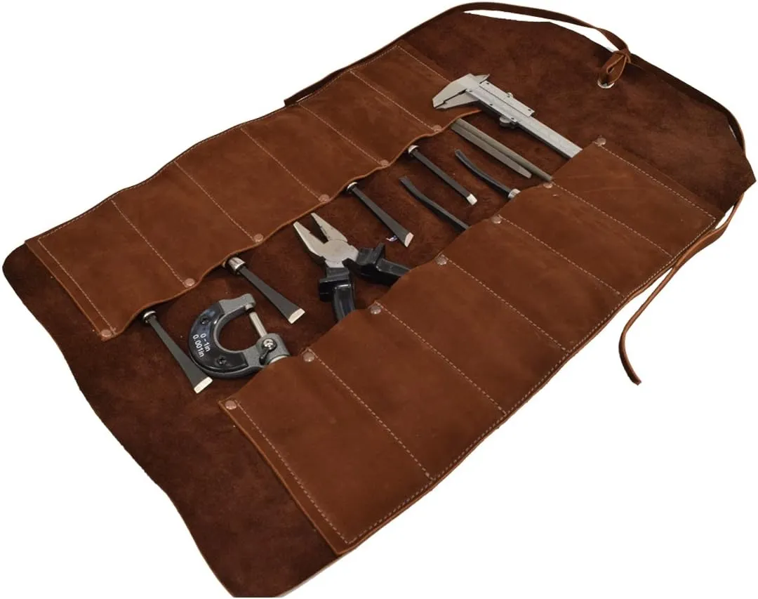 Hide & Drink, Big Tool Roll Up Bag with 12 Slots, Workshop Storage, Woodworking Tools Organizer, Rustic Case, Full Grain Leather, Handmade, Swayze Suede