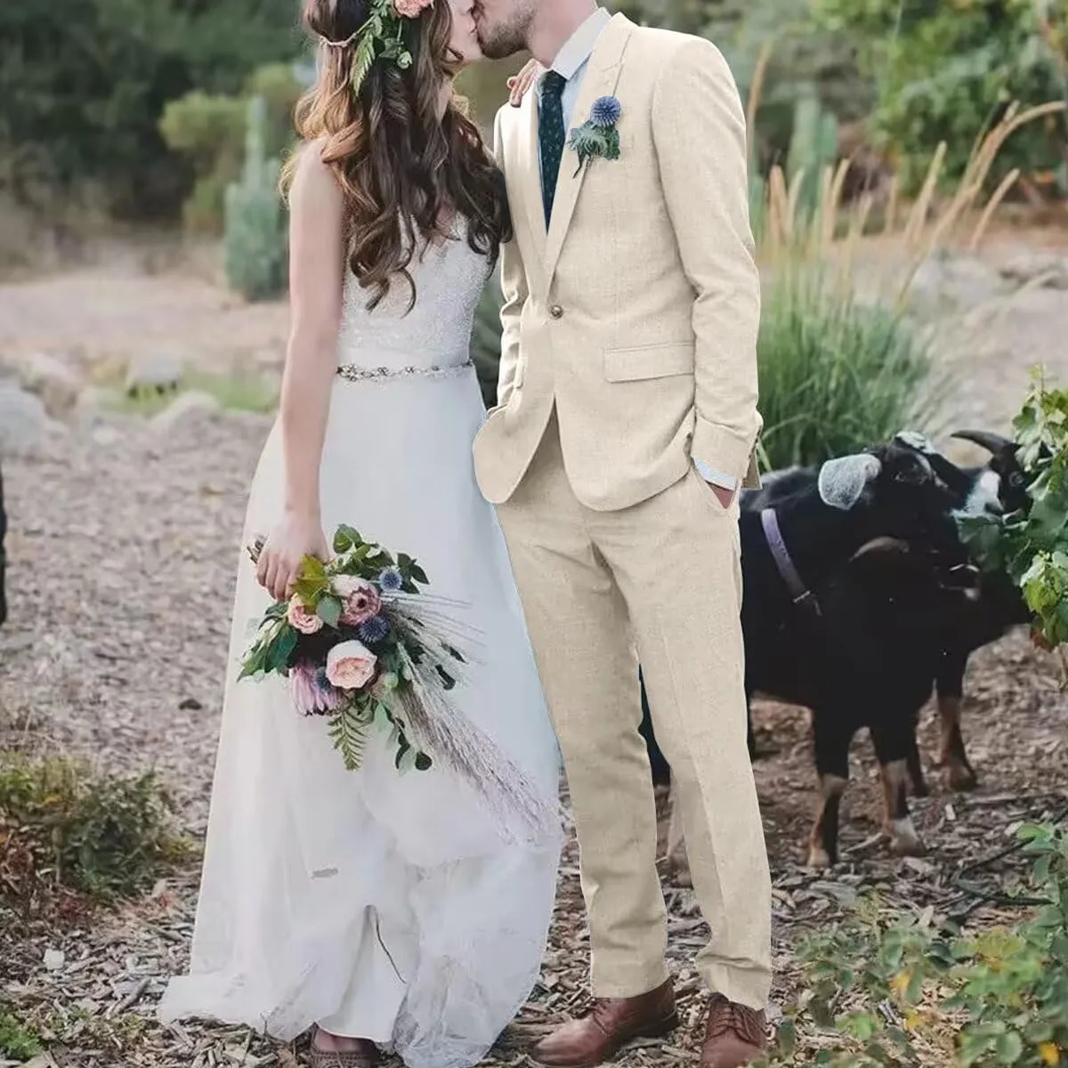 High-End Suits Retro Linen Suit for Men Casual Wedding Suit for Men Slim Fit 3 Pieces Jacket Blazer Vest Pant Groom Tuxedo