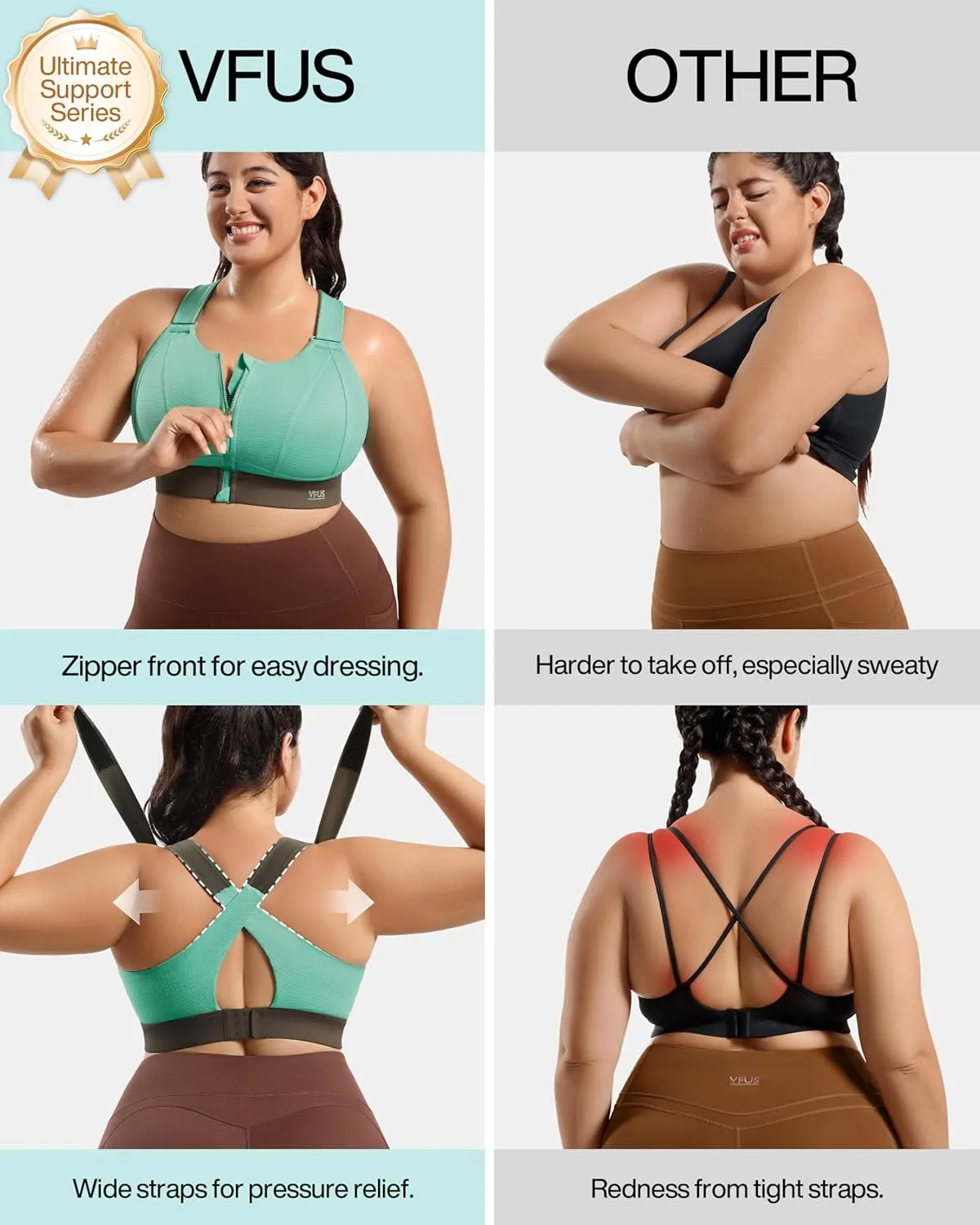 High Impact Zip Front Adjustable Sports Bra No Bounce Criss Cross Plus Size Bras for Women Workout Running