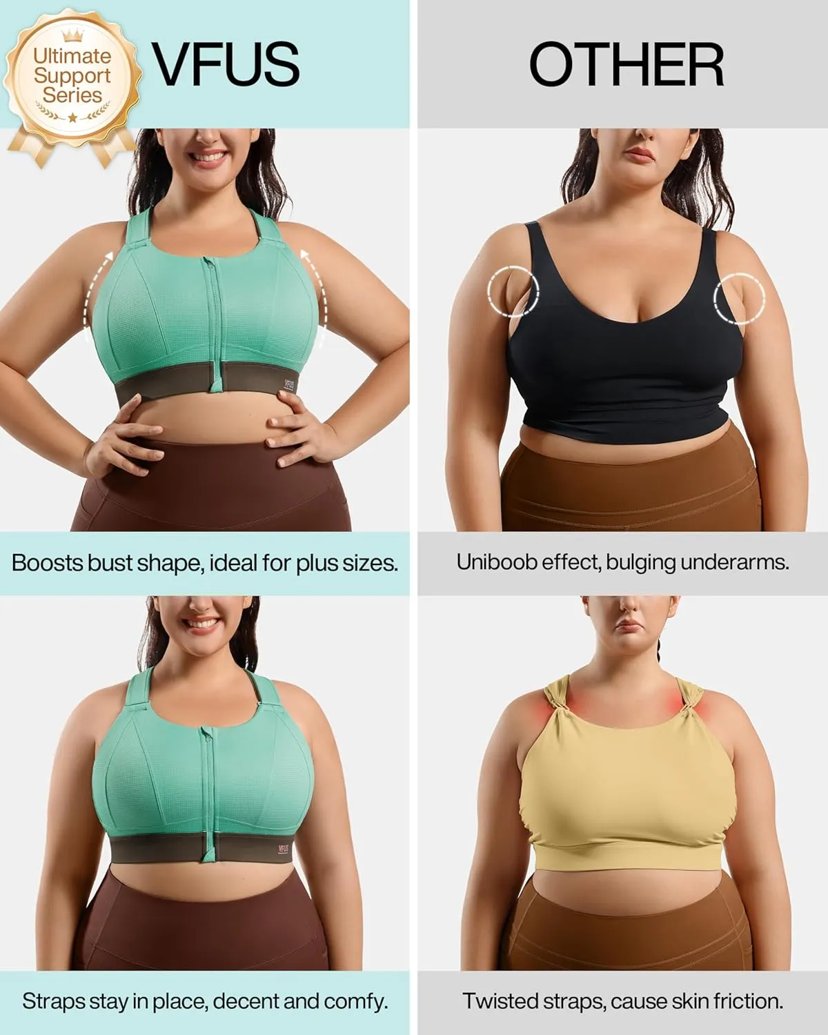 High Impact Zip Front Adjustable Sports Bra No Bounce Criss Cross Plus Size Bras for Women Workout Running
