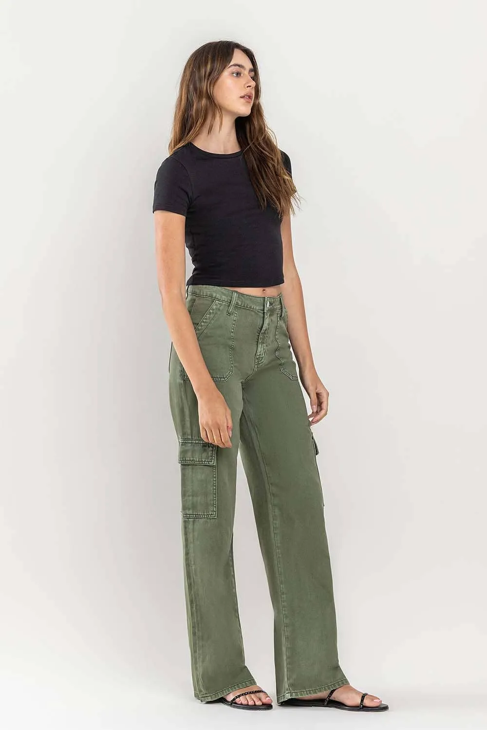 HIGH RISE UTILITY CARGO WIDE JEANS T5823TY: THYME / 25