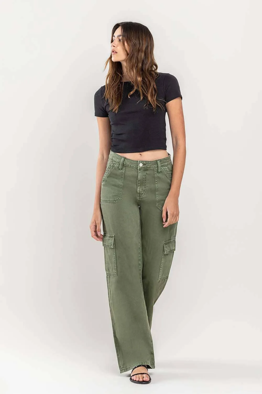 HIGH RISE UTILITY CARGO WIDE JEANS T5823TY: THYME / 25