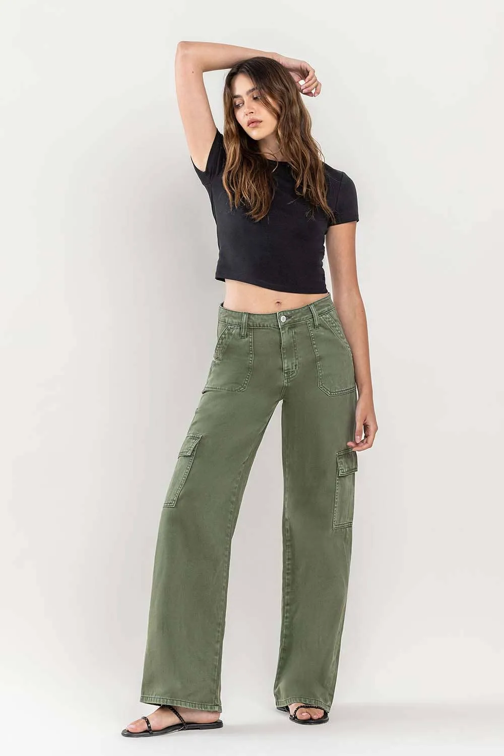 HIGH RISE UTILITY CARGO WIDE JEANS T5823TY: THYME / 25