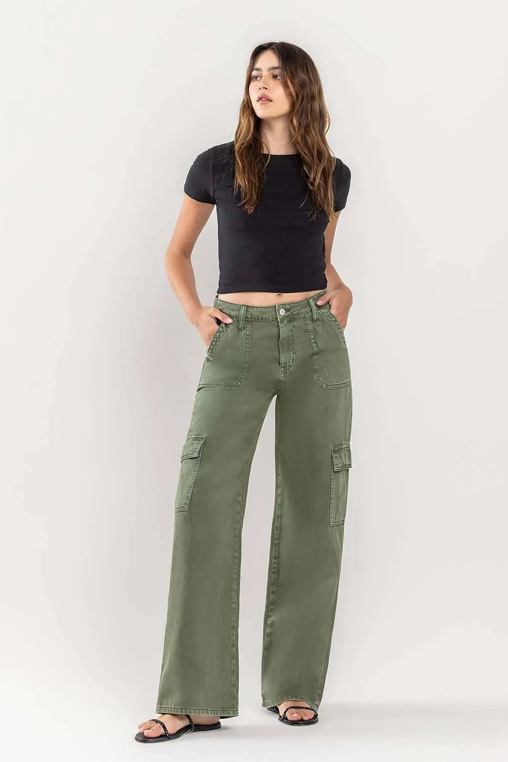 HIGH RISE UTILITY CARGO WIDE JEANS T5823TY: THYME / 25