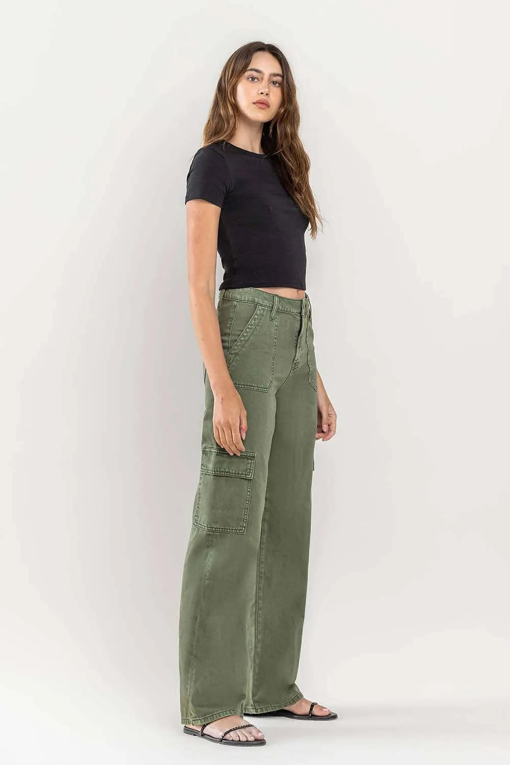 HIGH RISE UTILITY CARGO WIDE JEANS T5823TY: THYME / 25