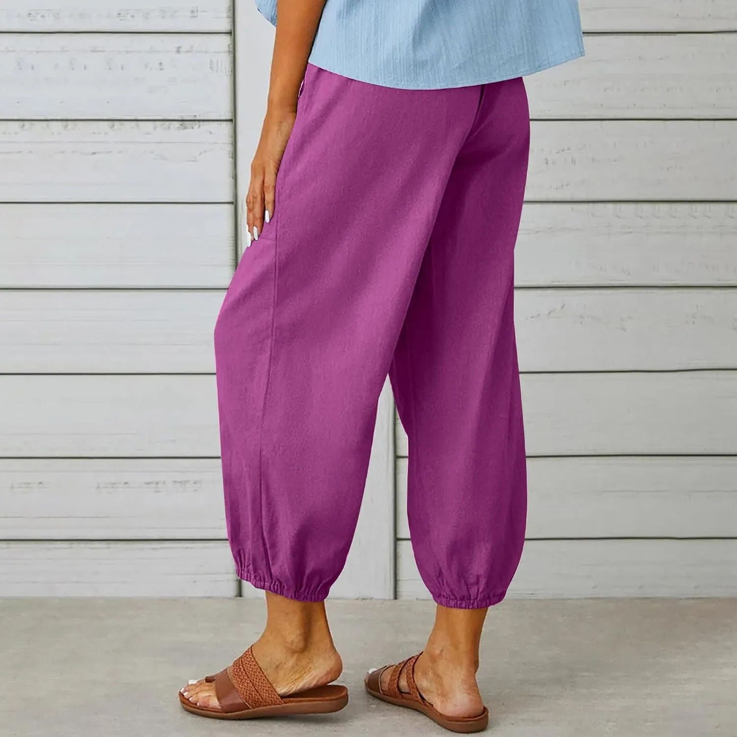 High Waist Cotton Linen Pants for Women Casual Summer Drawstring Lounge Pants Loose Cropped Trousers with Pockets