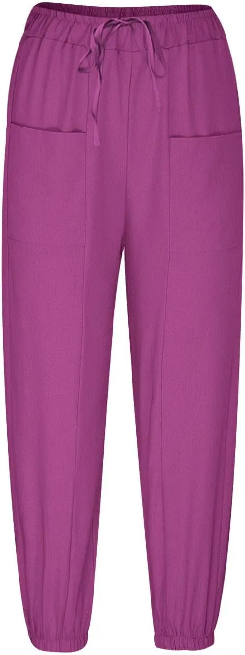 High Waist Cotton Linen Pants for Women Casual Summer Drawstring Lounge Pants Loose Cropped Trousers with Pockets