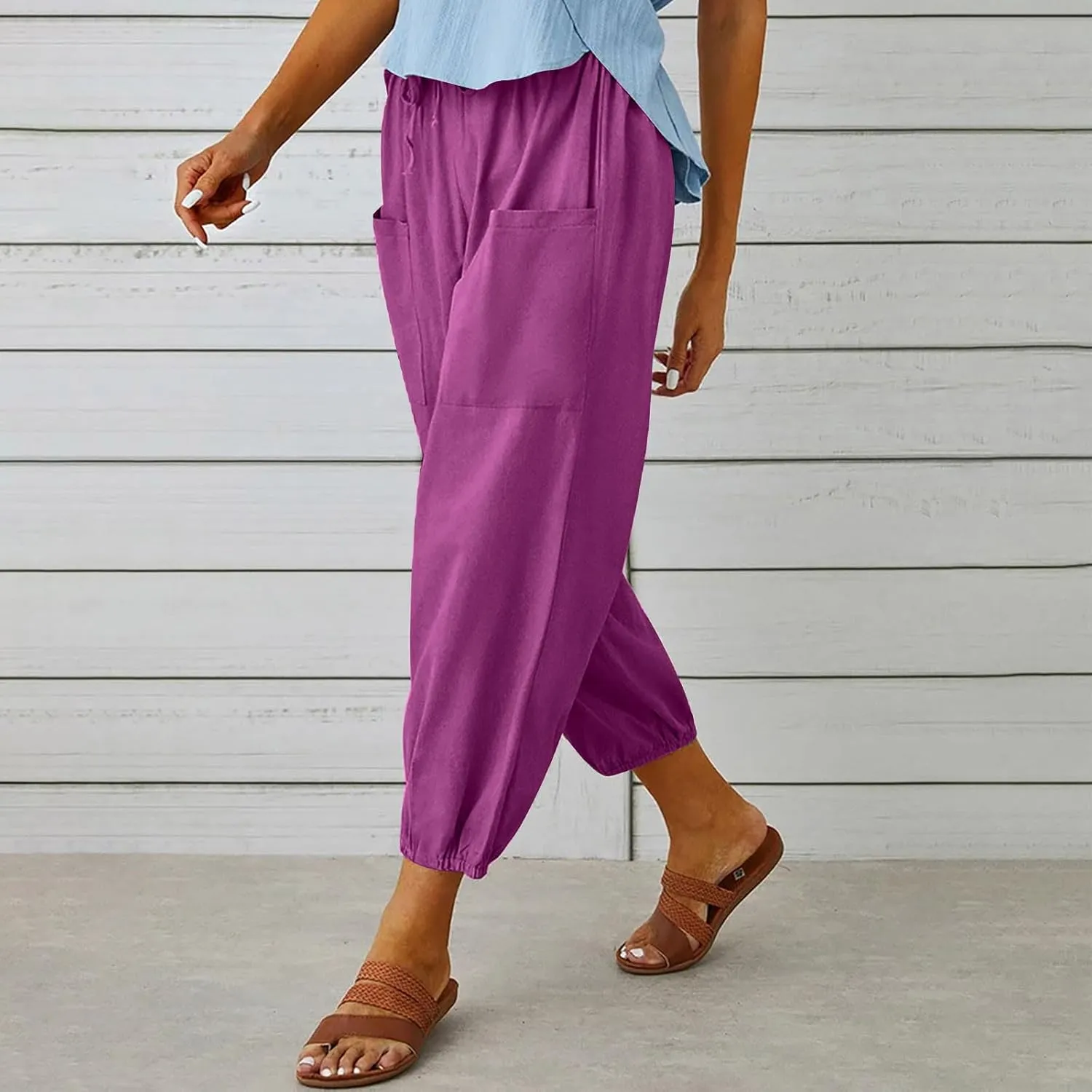 High Waist Cotton Linen Pants for Women Casual Summer Drawstring Lounge Pants Loose Cropped Trousers with Pockets