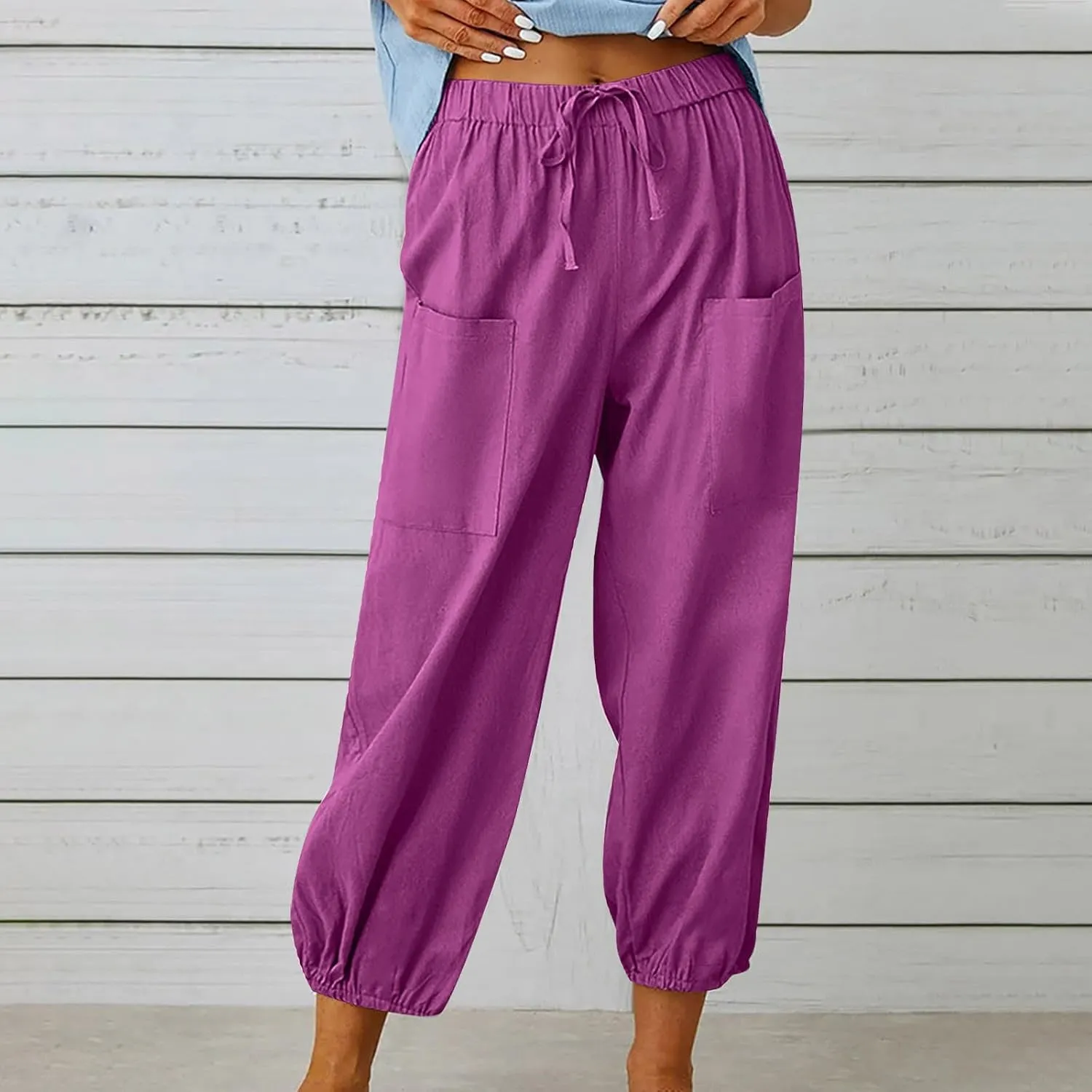 High Waist Cotton Linen Pants for Women Casual Summer Drawstring Lounge Pants Loose Cropped Trousers with Pockets