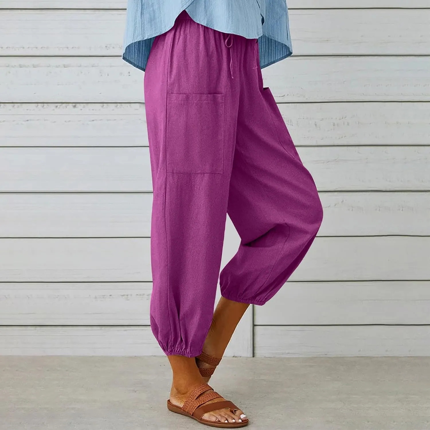 High Waist Cotton Linen Pants for Women Casual Summer Drawstring Lounge Pants Loose Cropped Trousers with Pockets