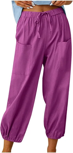 High Waist Cotton Linen Pants for Women Casual Summer Drawstring Lounge Pants Loose Cropped Trousers with Pockets