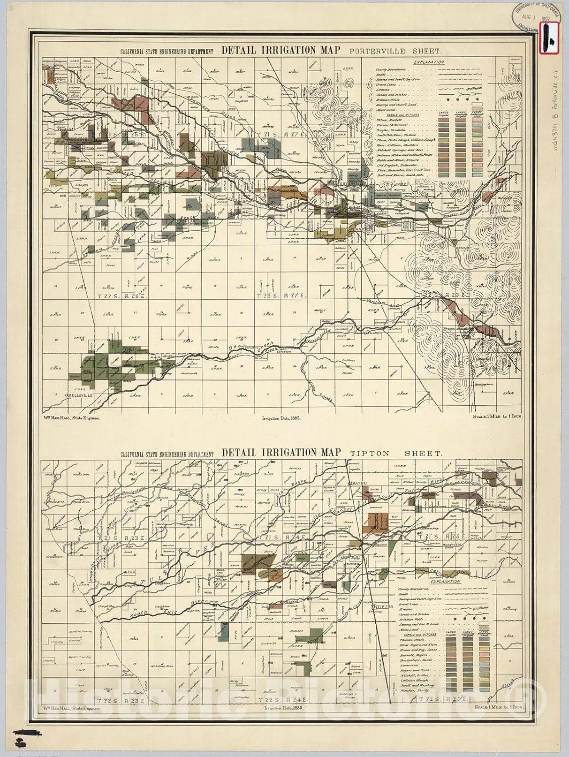 Historic Map : Porterville and Tipton Sheet. Detail Irrigation Map, 1885 - Vintage Wall Art - 18in x 24in