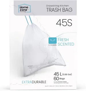 Home Zone Living 12 Gallon Kitchen Trash Bags with Drawstring Handles, Heavy Duty Custom Fit Design for Standard 45 to 50 Liter Kitchen Trash Cans, Code 45S, 60 Count