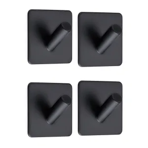 Homovater 304 Stainless Steel Coat Hanger Black Towel Hook Rack Rail, 3M Self Adhesive Hooks Square for Kitchen Bathroom Lavatory Closets, 4 Pcs.