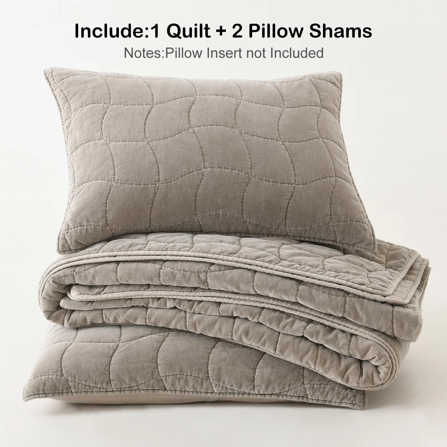 HORIMOTE HOME Cotton Quilt King, Taupe Stone-Washed Velvet Comforter 3-Pieces Oversized King Cotton Bedspread with 2 Pillow Shams, Cozy Cloud Quilt Bedding Set Coverlet for All Season