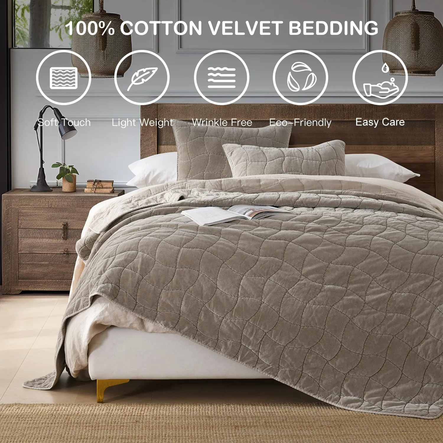 HORIMOTE HOME Cotton Quilt King, Taupe Stone-Washed Velvet Comforter 3-Pieces Oversized King Cotton Bedspread with 2 Pillow Shams, Cozy Cloud Quilt Bedding Set Coverlet for All Season