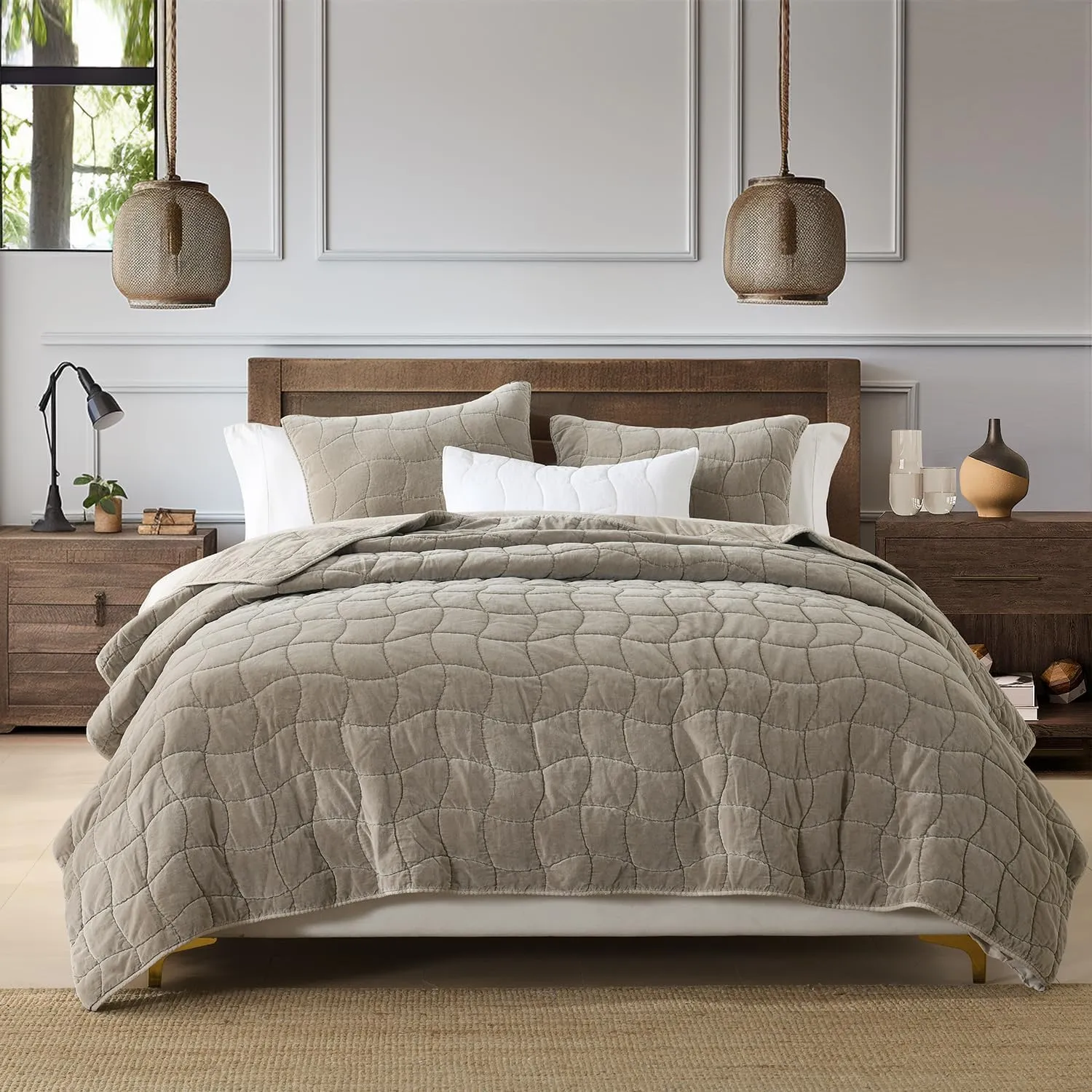 HORIMOTE HOME Cotton Quilt King, Taupe Stone-Washed Velvet Comforter 3-Pieces Oversized King Cotton Bedspread with 2 Pillow Shams, Cozy Cloud Quilt Bedding Set Coverlet for All Season