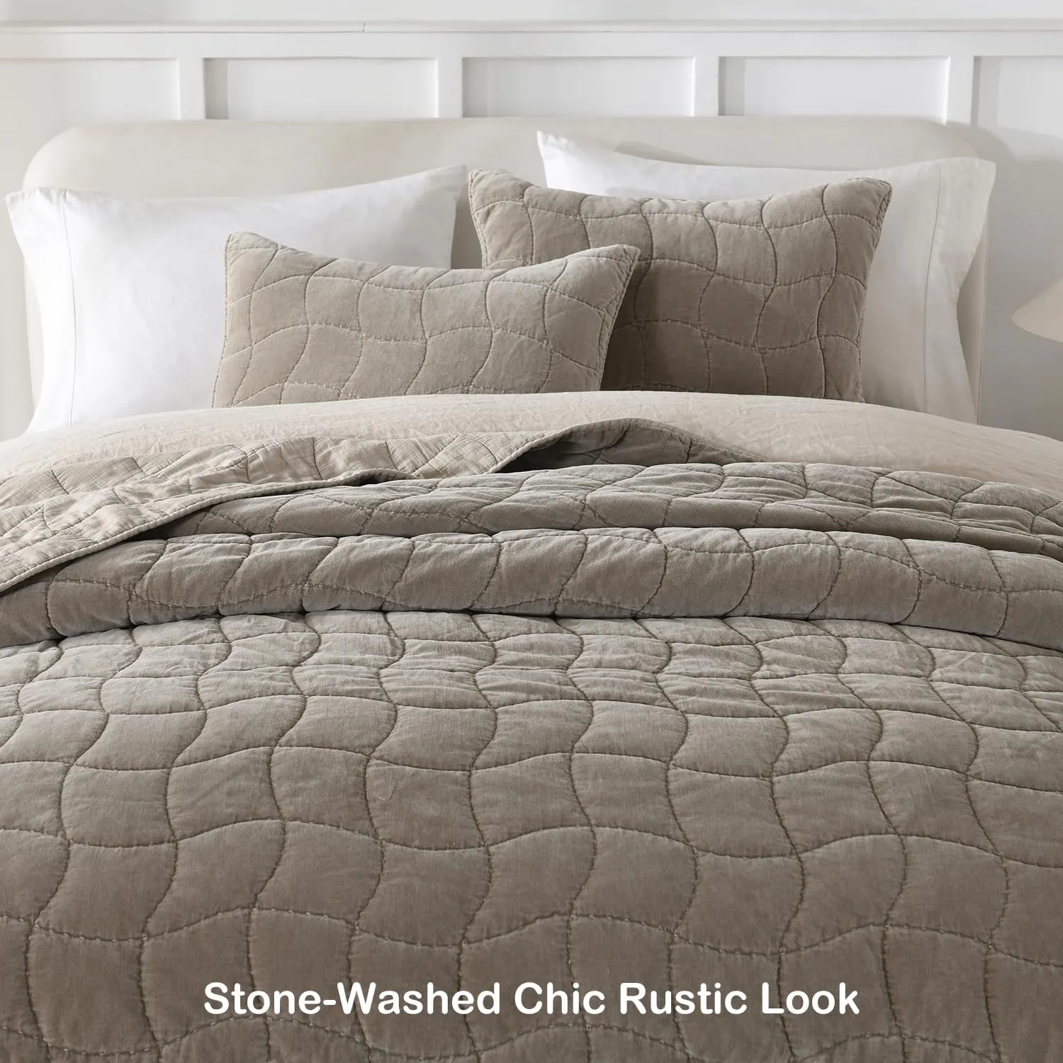 HORIMOTE HOME Cotton Quilt King, Taupe Stone-Washed Velvet Comforter 3-Pieces Oversized King Cotton Bedspread with 2 Pillow Shams, Cozy Cloud Quilt Bedding Set Coverlet for All Season