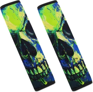 Horror Skull Green Pigment Fashion Car Seat Belt Cover Pad for Shoulder Bag Camera Soft Comfort Accessories 2PCS
