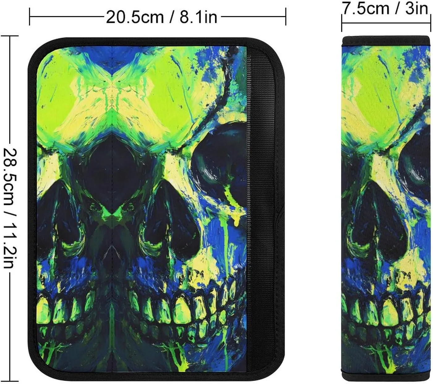 Horror Skull Green Pigment Fashion Car Seat Belt Cover Pad for Shoulder Bag Camera Soft Comfort Accessories 2PCS