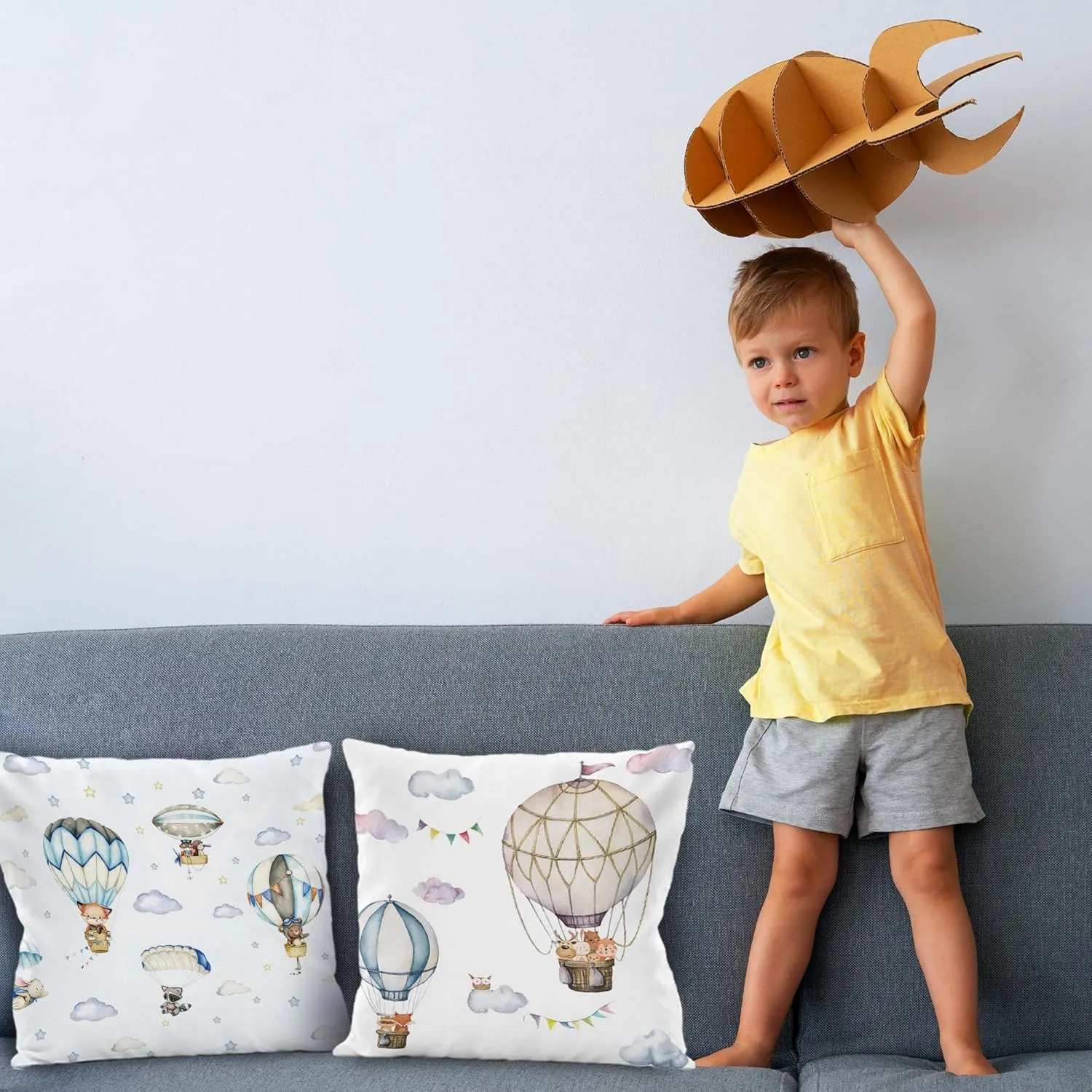 hot air Balloon Pillow Covers,Cute Woodland Animals Pillow Covers 18x18 Set of 2 -Woodland Nursery Decor,Kids Playroom Decor, Baby Boy Girl Nursery Decor, Kids Decorative Pillow