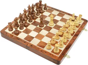 House of Chess - Victorian Staunton Golden Acacia Wood Chess Set - 14 x 14 Inches Wooden Folding Chess Board with Algebraic Notation - Wooden Chess Pieces with King Height 3 Inches   2 Extra Queens