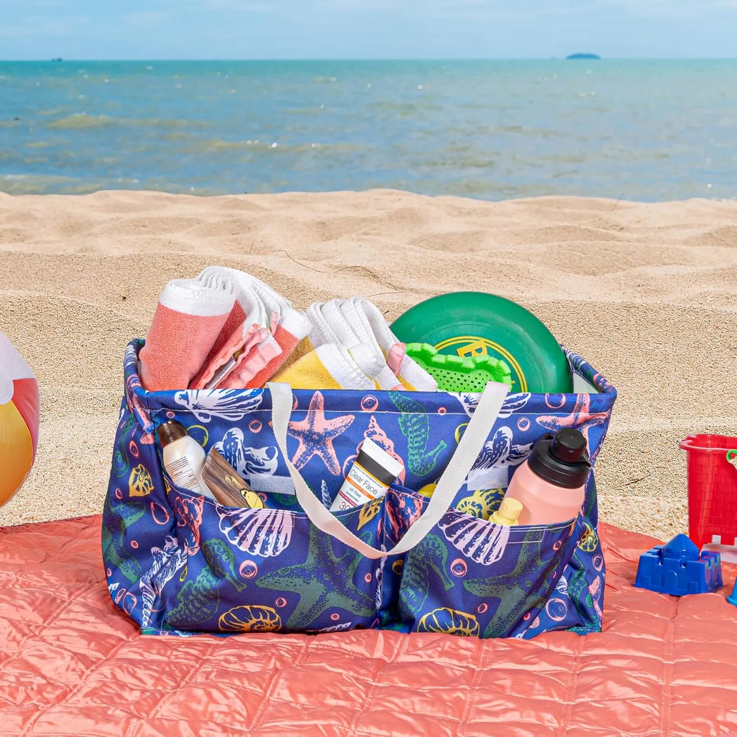 Household Essentials Krush Container All-Purpose Utility Tote, Water-Resistant Vinyl Lining with Pockets, Sea Shell