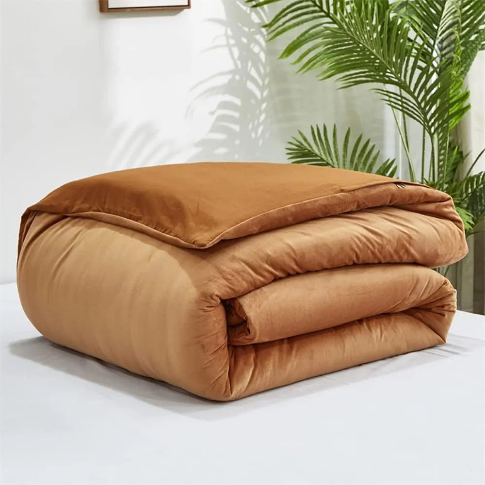 Houseri Comforter Set Queen, Pumpkin Color Velvet Bedding with Sherpa, 3 Pcs, Warm Fuzzy, Dusty Orange Flannel, Ideal for Winter and Cold Areas