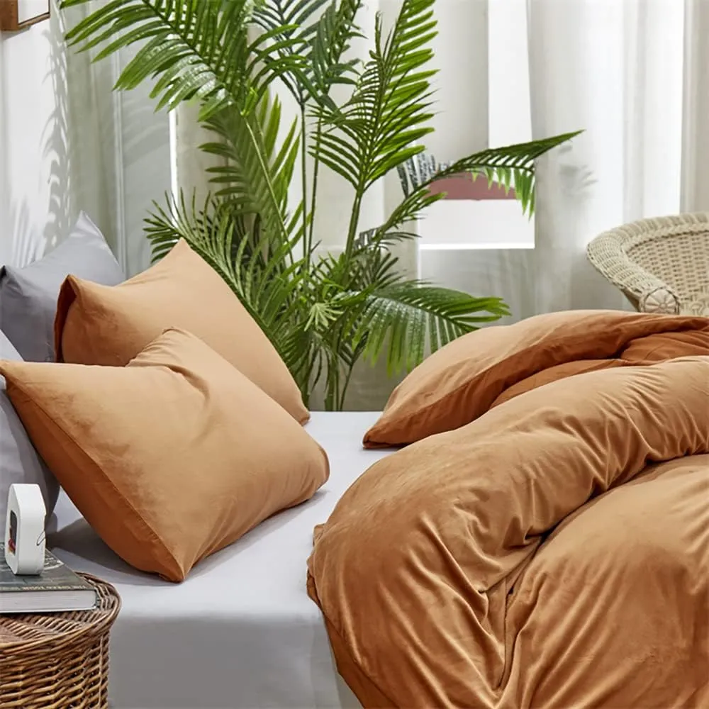 Houseri Comforter Set Queen, Pumpkin Color Velvet Bedding with Sherpa, 3 Pcs, Warm Fuzzy, Dusty Orange Flannel, Ideal for Winter and Cold Areas