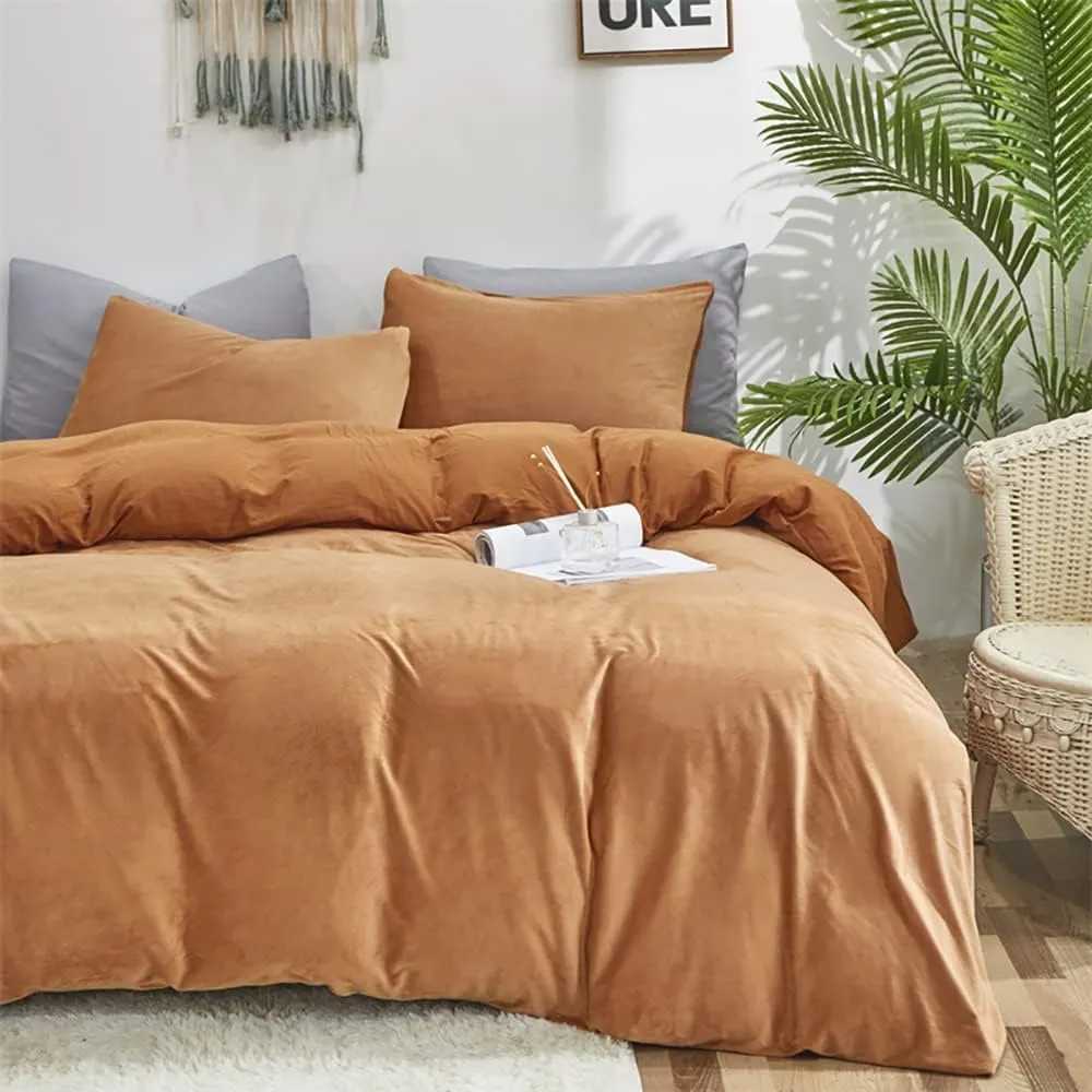 Houseri Comforter Set Queen, Pumpkin Color Velvet Bedding with Sherpa, 3 Pcs, Warm Fuzzy, Dusty Orange Flannel, Ideal for Winter and Cold Areas