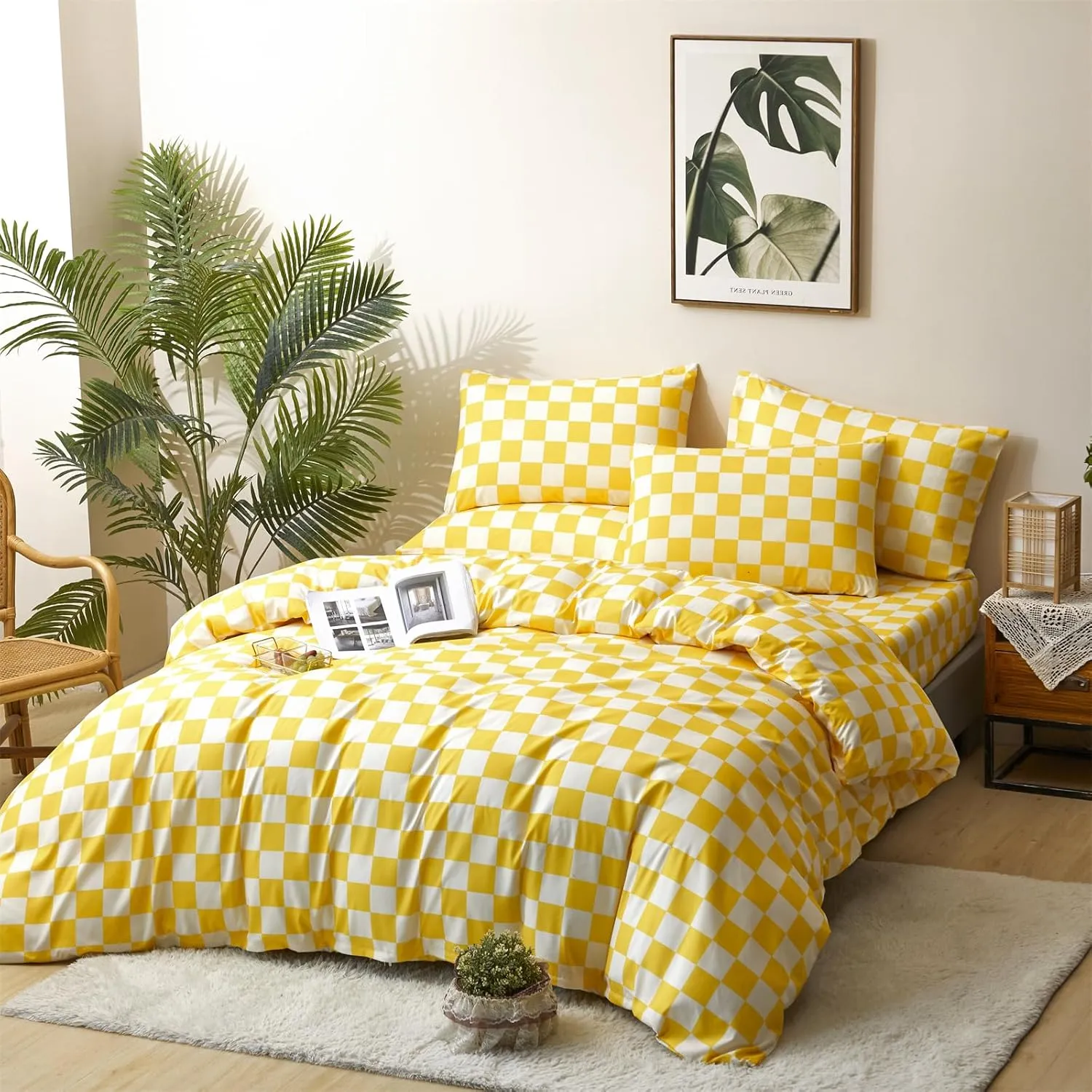 Houseri Yellow White Plaid Comforter Sets Twin Size Girls Boys Kids Light Yellow Checkerboard Dorm Bed Comforters Twin Bright Yellow Buffalo Checkered Grid Bed Quilt Soft Comfy Comforter Set Twin