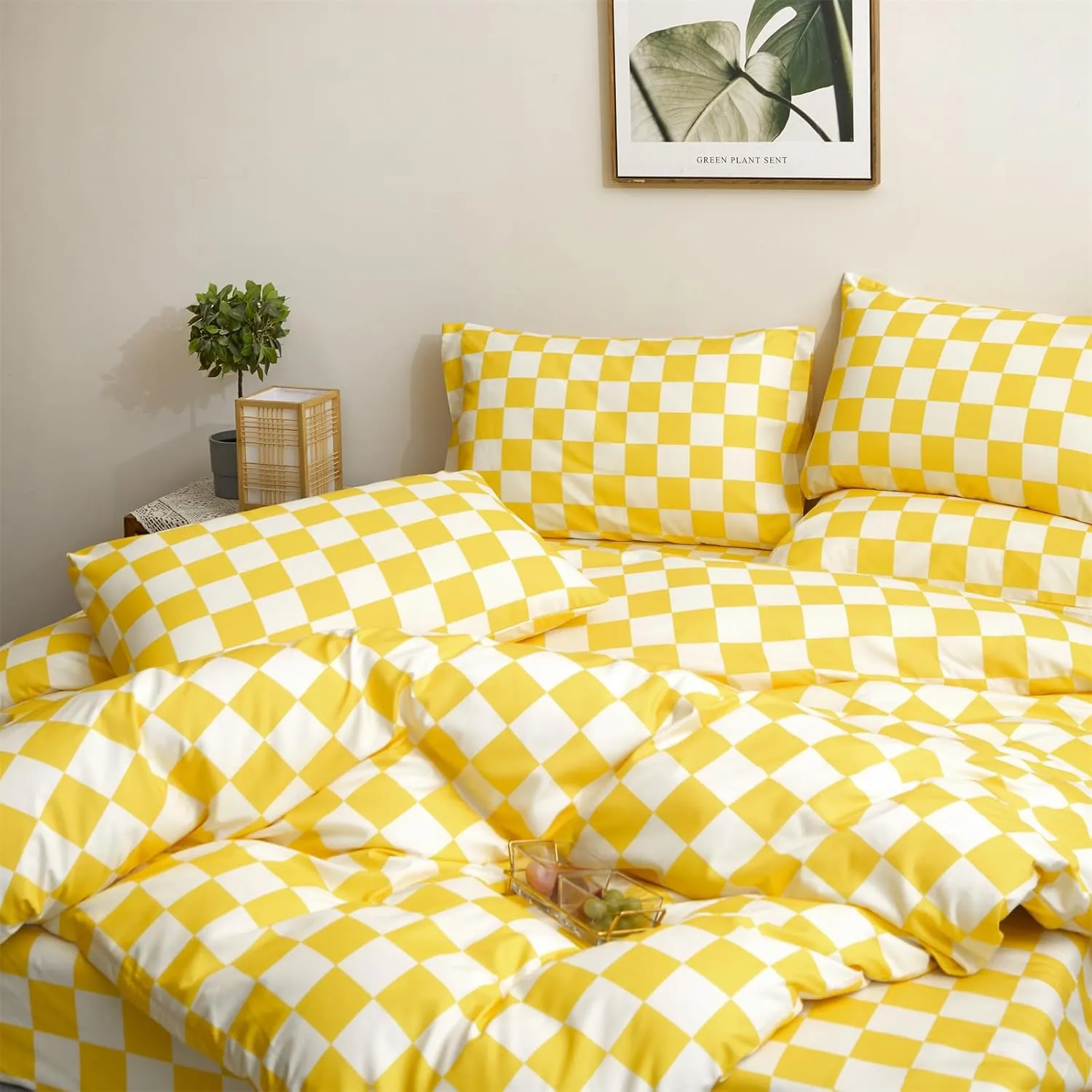 Houseri Yellow White Plaid Comforter Sets Twin Size Girls Boys Kids Light Yellow Checkerboard Dorm Bed Comforters Twin Bright Yellow Buffalo Checkered Grid Bed Quilt Soft Comfy Comforter Set Twin