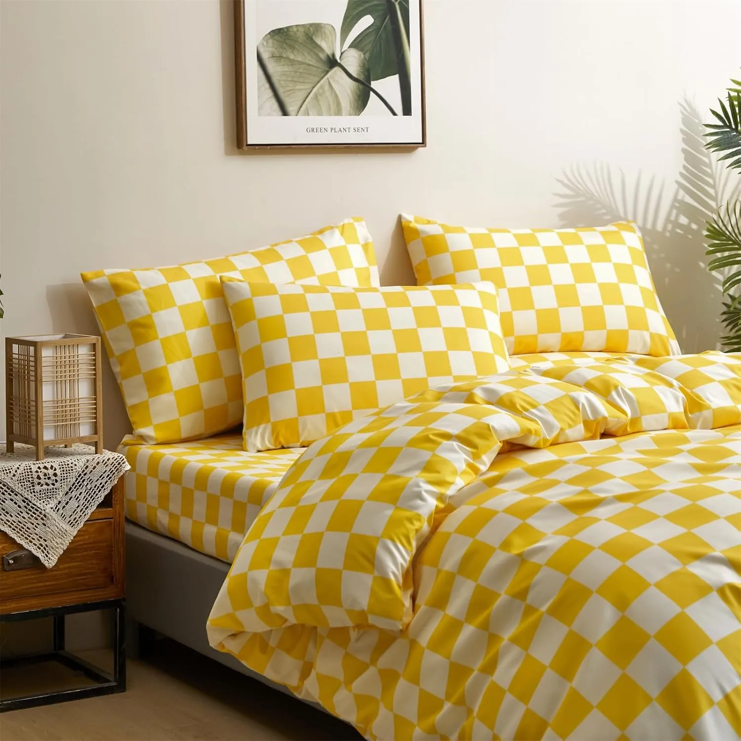 Houseri Yellow White Plaid Comforter Sets Twin Size Girls Boys Kids Light Yellow Checkerboard Dorm Bed Comforters Twin Bright Yellow Buffalo Checkered Grid Bed Quilt Soft Comfy Comforter Set Twin
