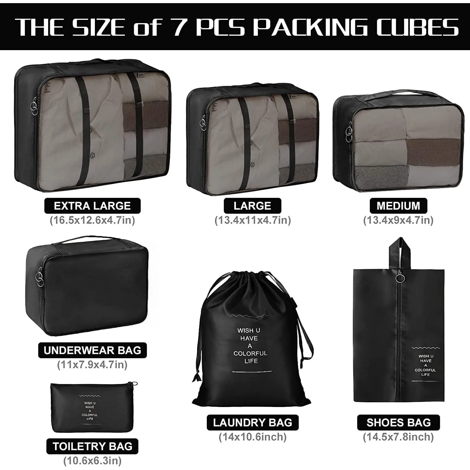 HOXHA Packing Cubes Travel 7 Set Luggage Organizers With Laundry Bag, Shoe Bag And Toiletry bag,Lightweight Luggage For Carry On Suitcase