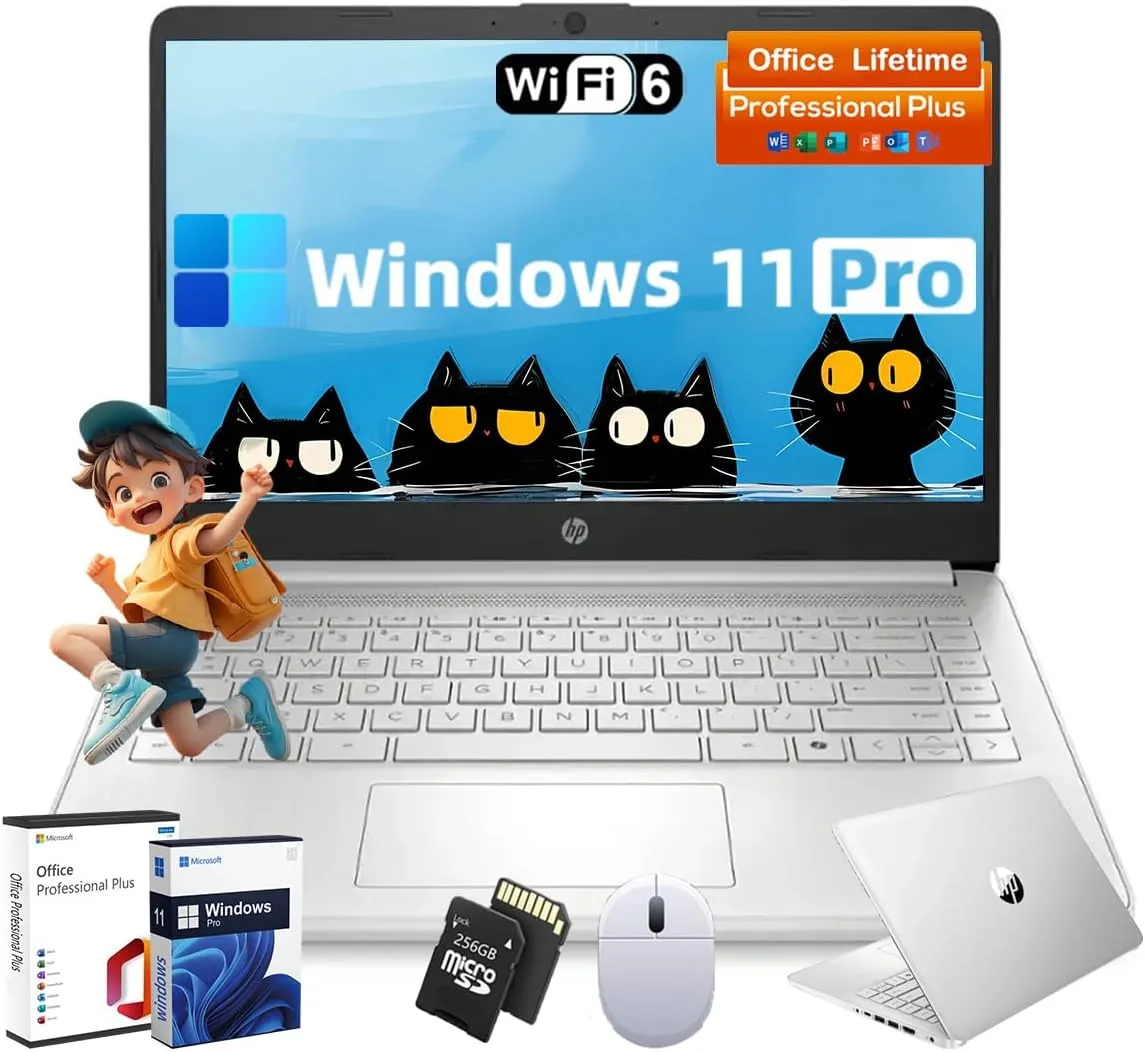 HP 14 Business Laptop Computer - Intel Processor N150, 14 inch HD Portable Laptop, Windows 11 Pro & MS Office Lifetime License, AI-Powered, 12 Hr Batter (16GB RAM | 128GB SSD | 256GB SD Card) Silver