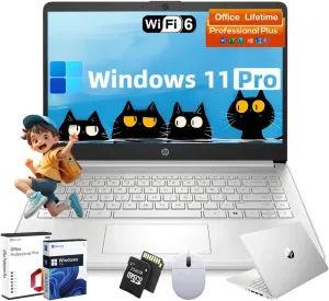 HP 14 Business Laptop Computer - Intel Processor N150, 14 inch HD Portable Laptop, Windows 11 Pro & MS Office Lifetime License, AI-Powered, 12 Hr Batter (16GB RAM | 128GB SSD | 256GB SD Card) Silver