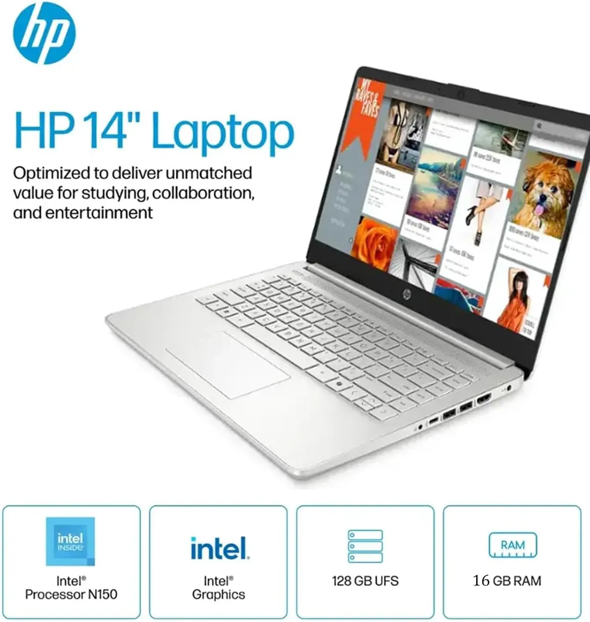 HP 14 Business Laptop Computer - Intel Processor N150, 14 inch HD Portable Laptop, Windows 11 Pro & MS Office Lifetime License, AI-Powered, 12 Hr Batter (16GB RAM | 128GB SSD | 256GB SD Card) Silver
