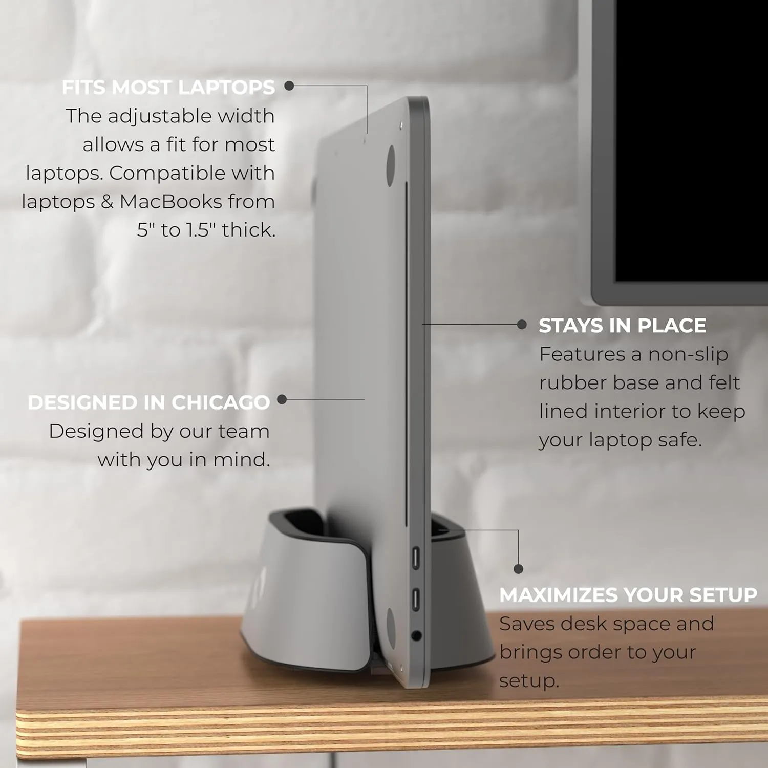 HumanCentric Vertical Laptop Stand in Space Grey Aluminum, Upright Adjustable Holder and Dock, Laptop Vertical Stand Fits MacBook Pro and Other Laptops .5" to 1.5", Clamshell Compatible