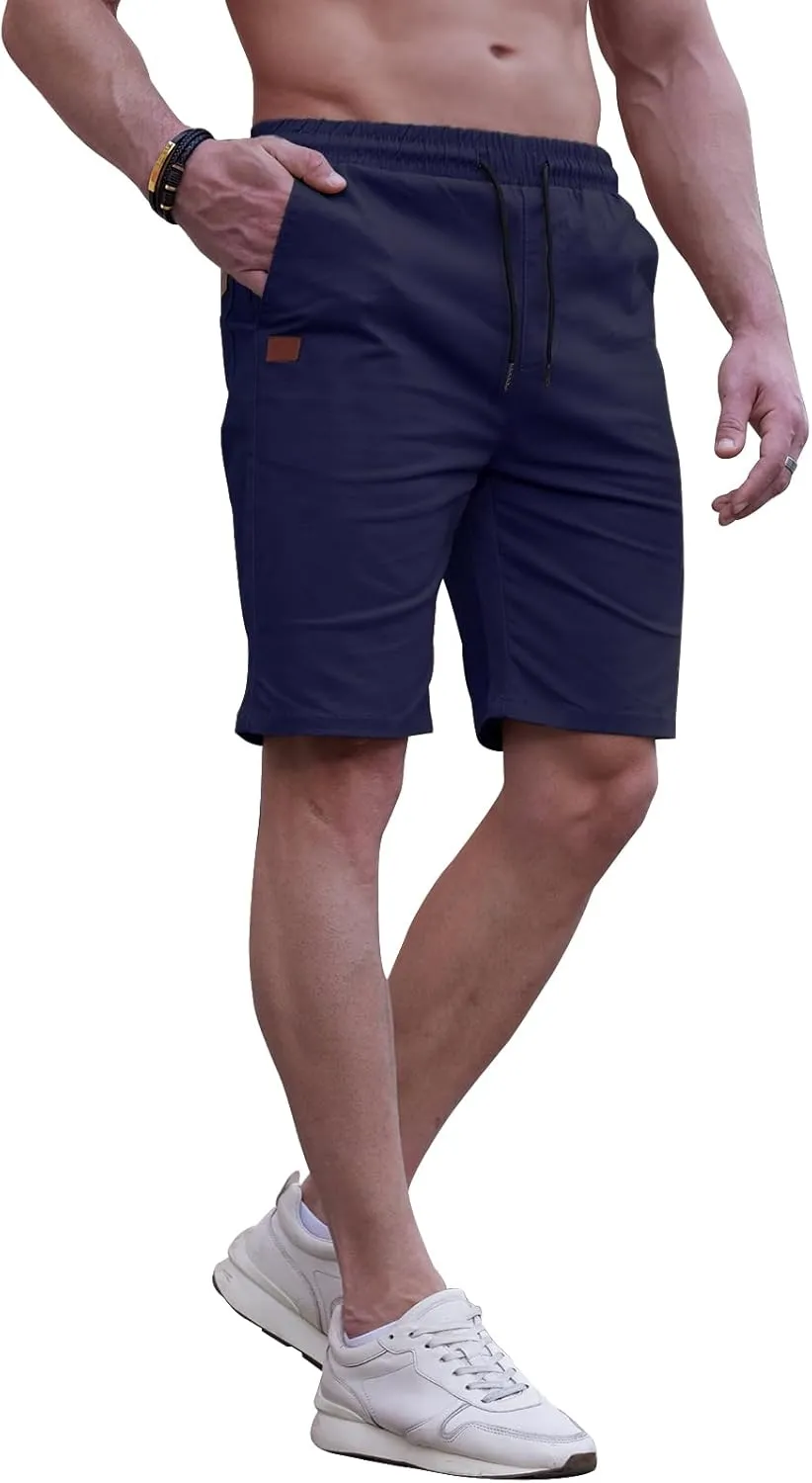 HUNGSON Mens Casual Shorts - Cotton Drawstring Summer Beach Stretch Twill Chino Golf Shorts