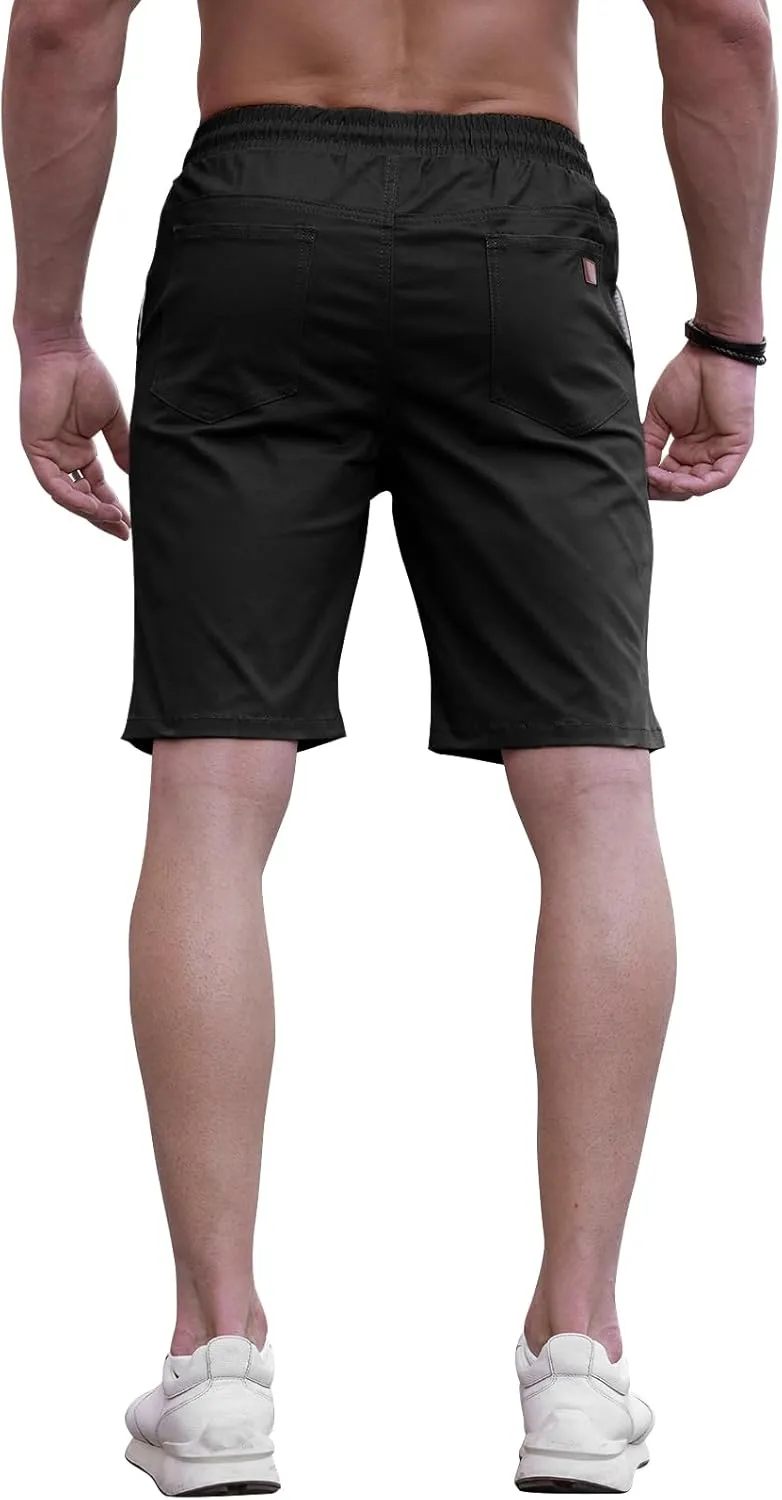 HUNGSON Mens Casual Shorts - Cotton Drawstring Summer Beach Stretch Twill Chino Golf Shorts