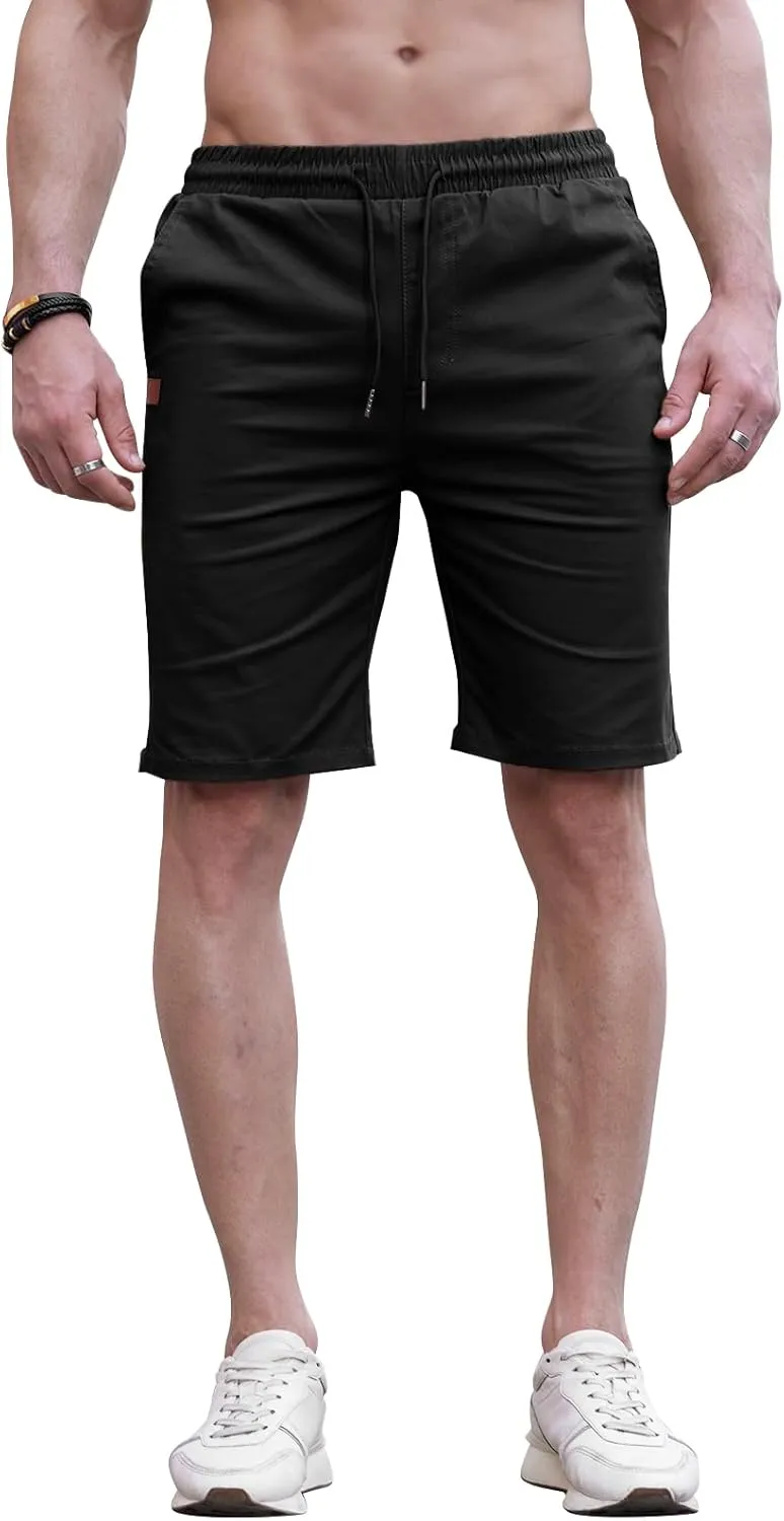 HUNGSON Mens Casual Shorts - Cotton Drawstring Summer Beach Stretch Twill Chino Golf Shorts