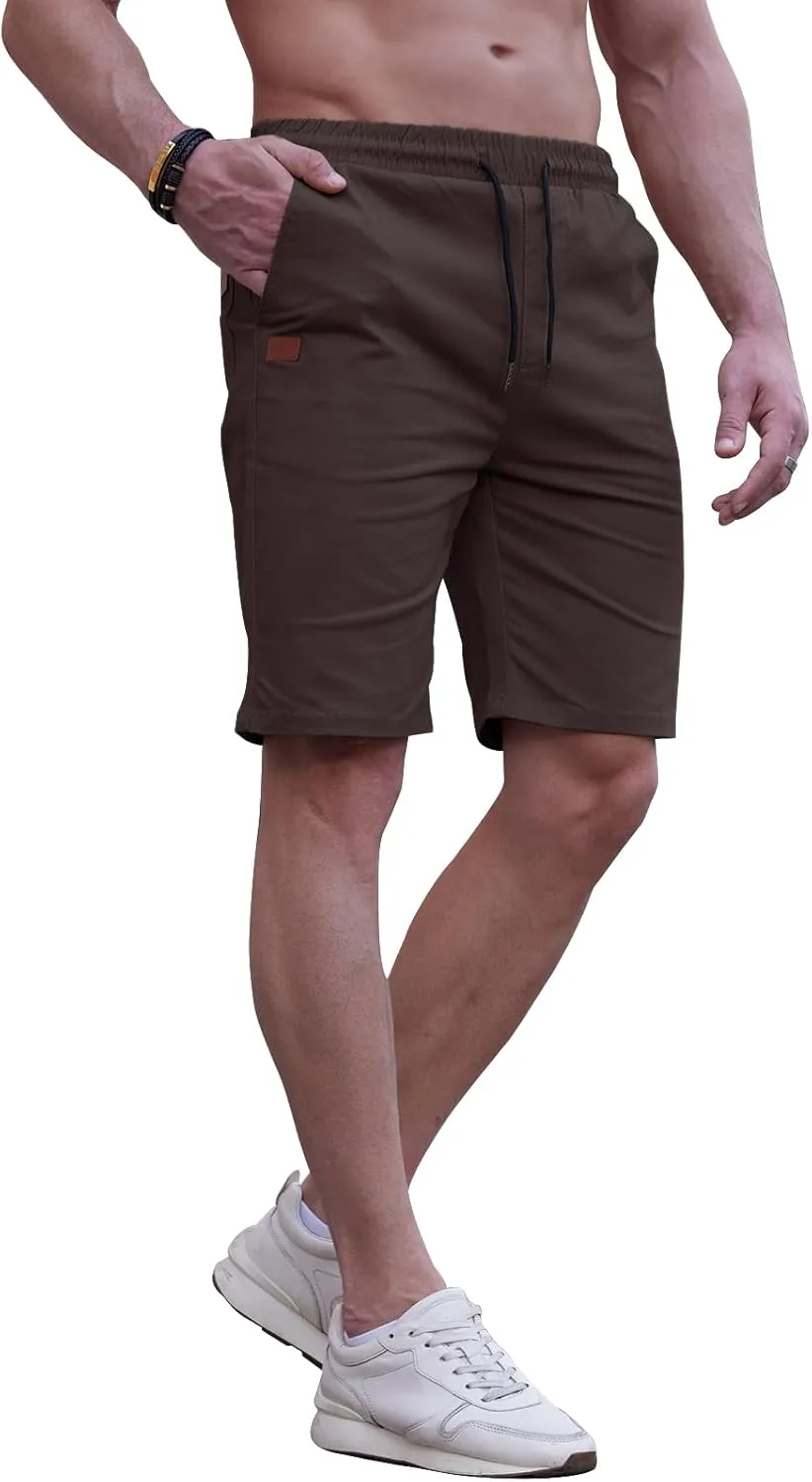 HUNGSON Mens Casual Shorts - Cotton Drawstring Summer Beach Stretch Twill Chino Golf Shorts