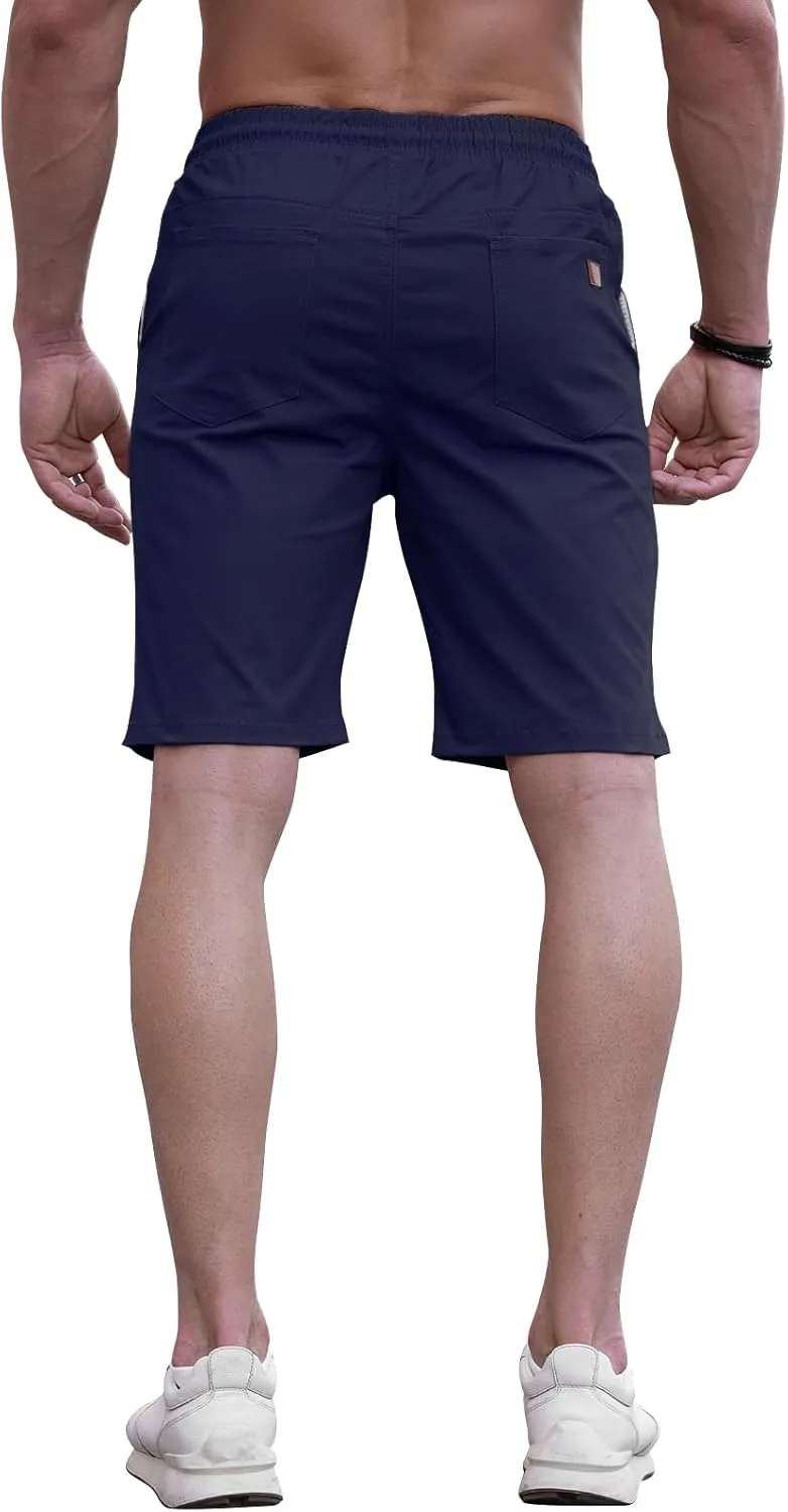 HUNGSON Mens Casual Shorts - Cotton Drawstring Summer Beach Stretch Twill Chino Golf Shorts