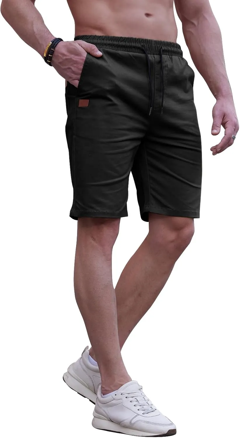 HUNGSON Mens Casual Shorts - Cotton Drawstring Summer Beach Stretch Twill Chino Golf Shorts