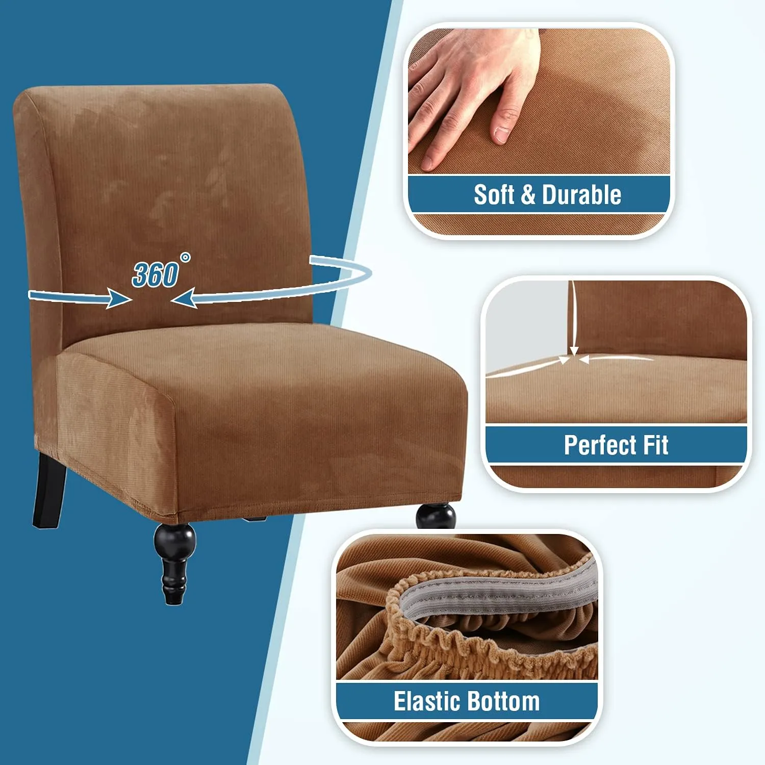 H.VERSAILTEX Armless Accent Chair Covers Thick Striped Velvet Armless Chair Slipcovers High Stretch Chair Covers for Living Room Machine Washable Furniture Protector with Elastic Bottom, Camel Striped