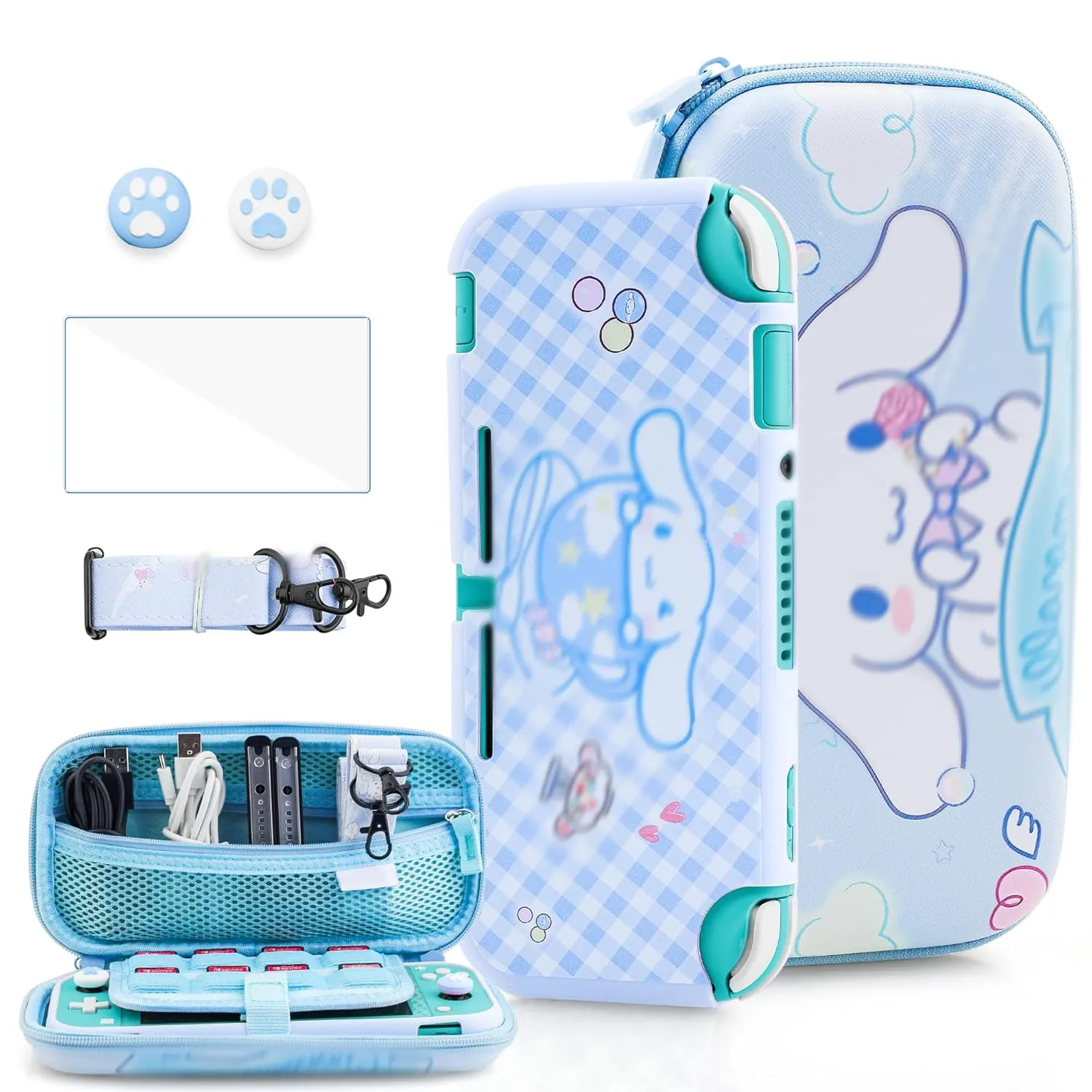 HYPERCASE Cute Switch Lite Carrying Case Set of Cartoon Dog, Bule Portable Switch Lite Travel Pouch Accessories Bag with Soft Protective Cover Skin, Screen Protector, Shoulder Strap and 2 Thumb Caps