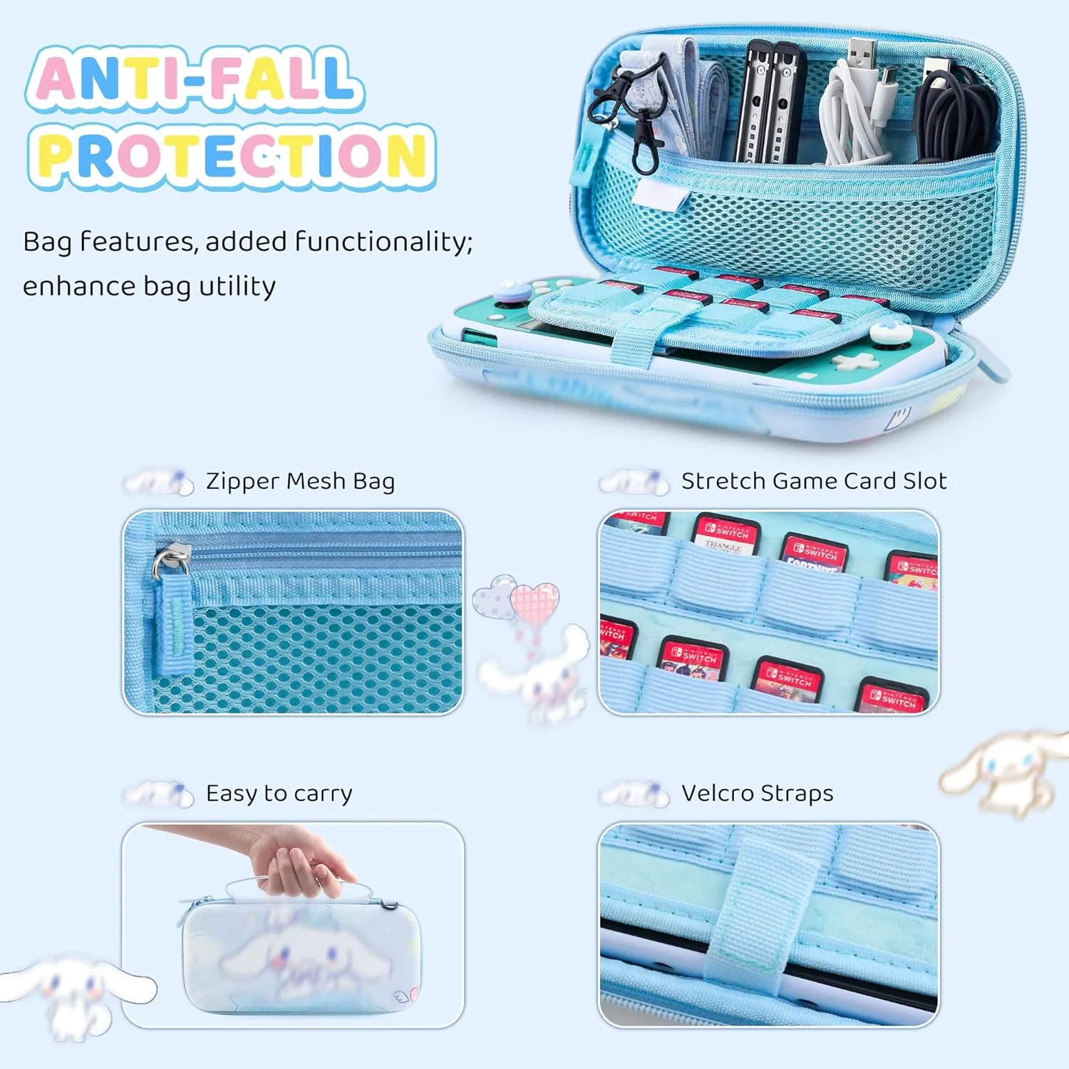 HYPERCASE Cute Switch Lite Carrying Case Set of Cartoon Dog, Bule Portable Switch Lite Travel Pouch Accessories Bag with Soft Protective Cover Skin, Screen Protector, Shoulder Strap and 2 Thumb Caps