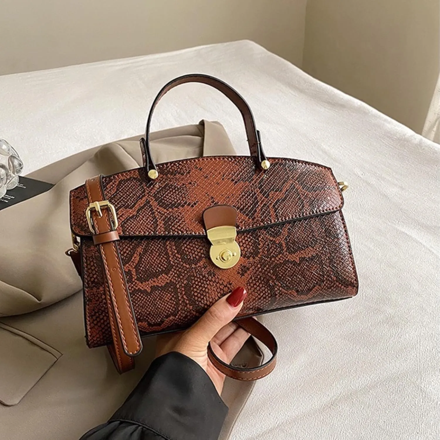 IAMUHI Women's Retro Evening Handbag Snake Pattern Top Handle Satchel Ladies Designer PU Leather Small Tote Crossbody Bag
