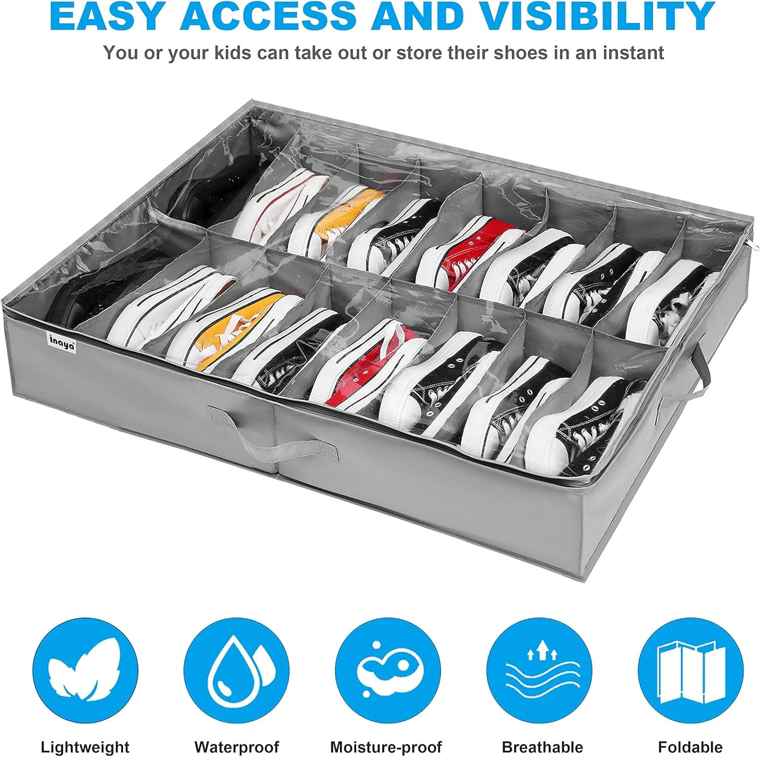 INAYA Under Bed Shoe Storage Organizer Set of 2, Fits 32 Pairs, Underbed Shoe Box Storage Containers Adjustable Dividers w/Bottom Support, Clear Foldable Shoes Storage w/Reinforced Handles