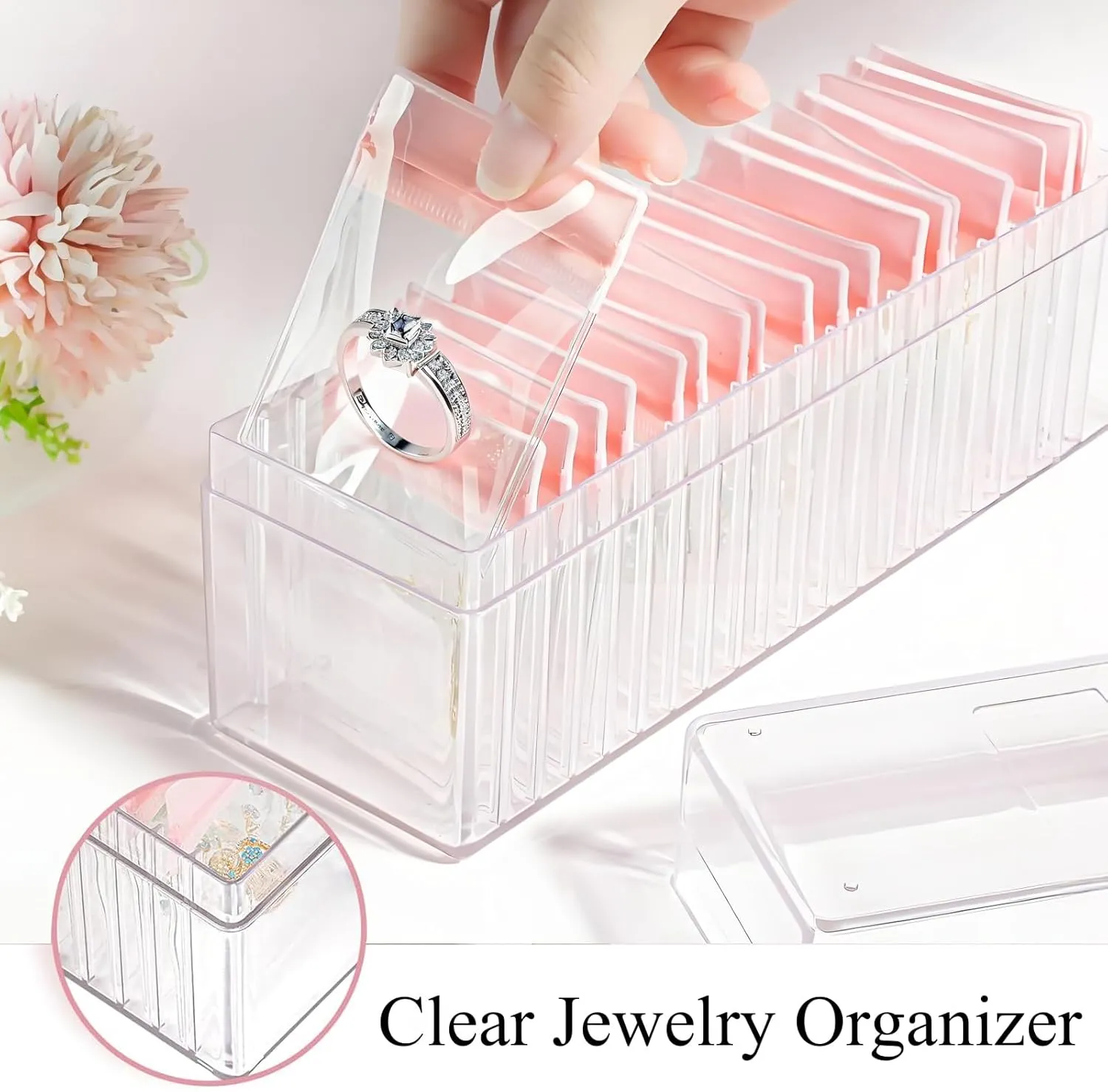Inmorven 8.6"x2.8"x3.7" Clear Acrylic Travel Jewelry Box Organizer with Lid, 20 Pieces 2x3 Inches Pink Small Zip Portable Storage bags for Rings, Earrings, Necklace, Bracelet